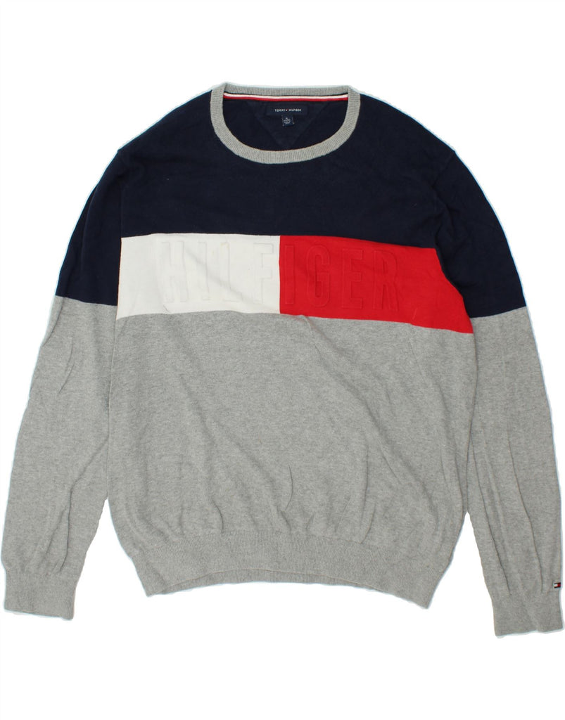 TOMMY HILFIGER Mens Graphic Crew Neck Jumper Sweater XL Grey Colourblock | Vintage Tommy Hilfiger | Thrift | Second-Hand Tommy Hilfiger | Used Clothing | Messina Hembry 