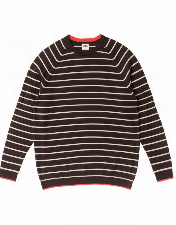 Zara Mens Crew Neck Jumper Sweater XL Black Striped