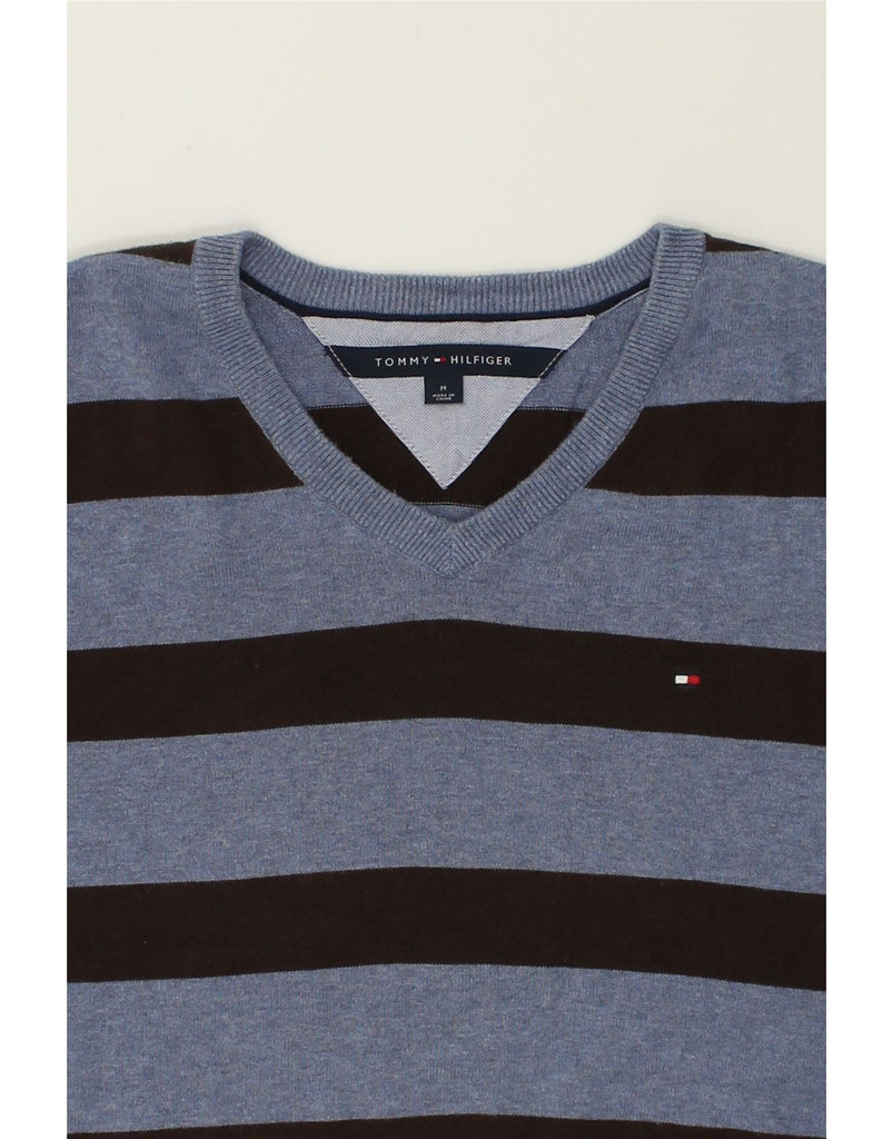 TOMMY HILFIGER Mens V-Neck Jumper Sweater Medium Blue Striped Cotton | Vintage Tommy Hilfiger | Thrift | Second-Hand Tommy Hilfiger | Used Clothing | Messina Hembry 