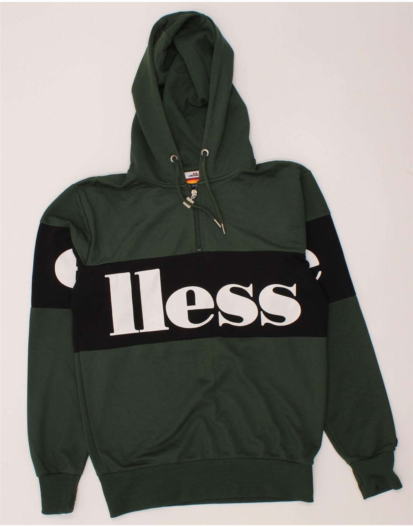 ELLESSE Mens Graphic Zip Neck Hoodie Jumper Medium Green Cotton Vintage Second Hand Clothing Online Messina Hembry