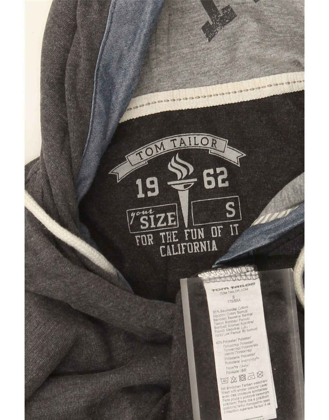 Tom Tailor Mens Hooded Graphic Top Long Sleeve Small Grey Cotton