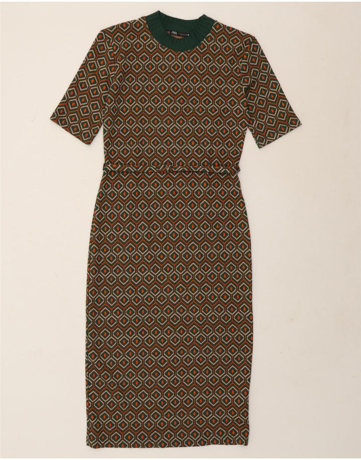 Zara Womens Sheath Dress UK 10 Small Green Geometric Polyester
