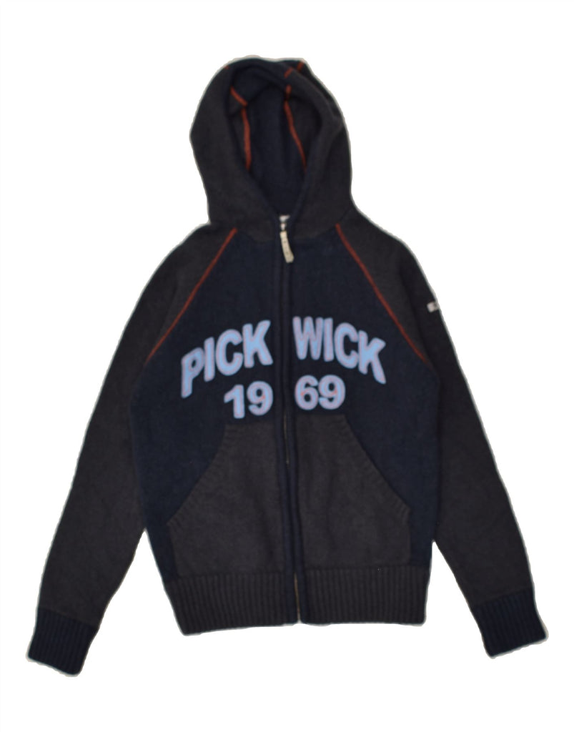 PICKWICK Womens Graphic Hooded Cardigan Sweater UK 14 Large Navy Blue | Vintage Pickwick | Thrift | Second-Hand Pickwick | Used Clothing | Messina Hembry 