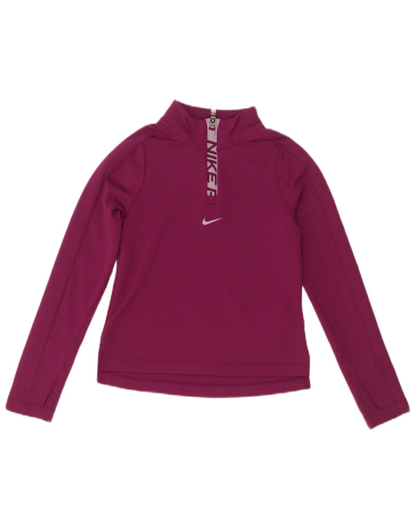 Nike Girls Dri Fit Graphic Zip Neck Top Long Sleeve 8-9 Years Small Maroon