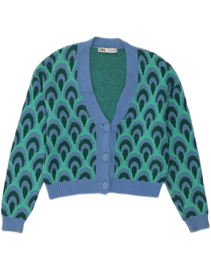 Zara Womens Oversized Cardigan Sweater UK 10 Small Turquoise Geometric
