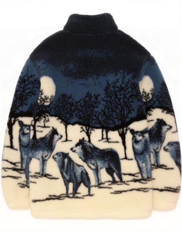 Vintage Mens Graphic Fleece Jacket UK 40 Large Navy Blue Animal Print