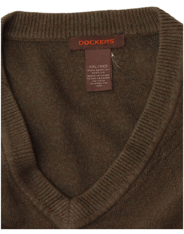 Dockers Mens V-Neck Jumper Sweater 2XL Khaki Acrylic