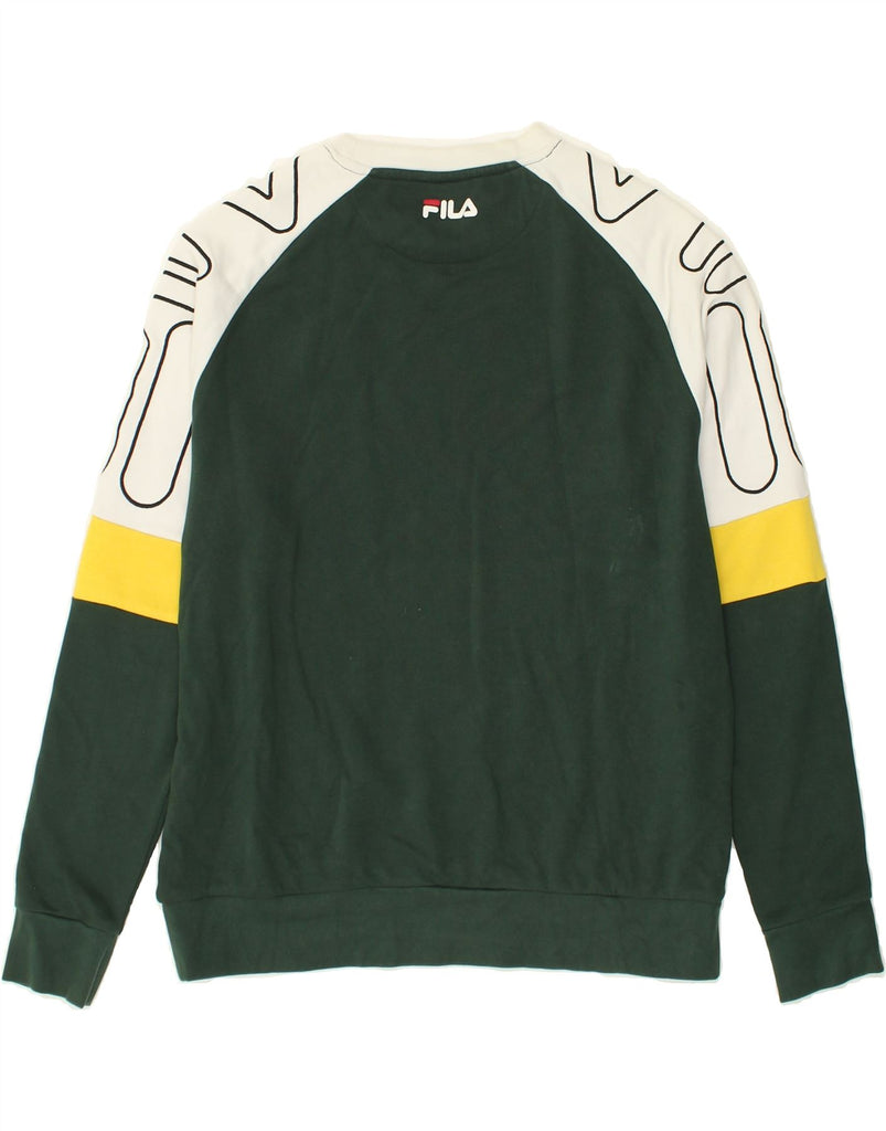 FILA Mens Graphic Sweatshirt Jumper Small Green Colourblock Cotton | Vintage Fila | Thrift | Second-Hand Fila | Used Clothing | Messina Hembry 