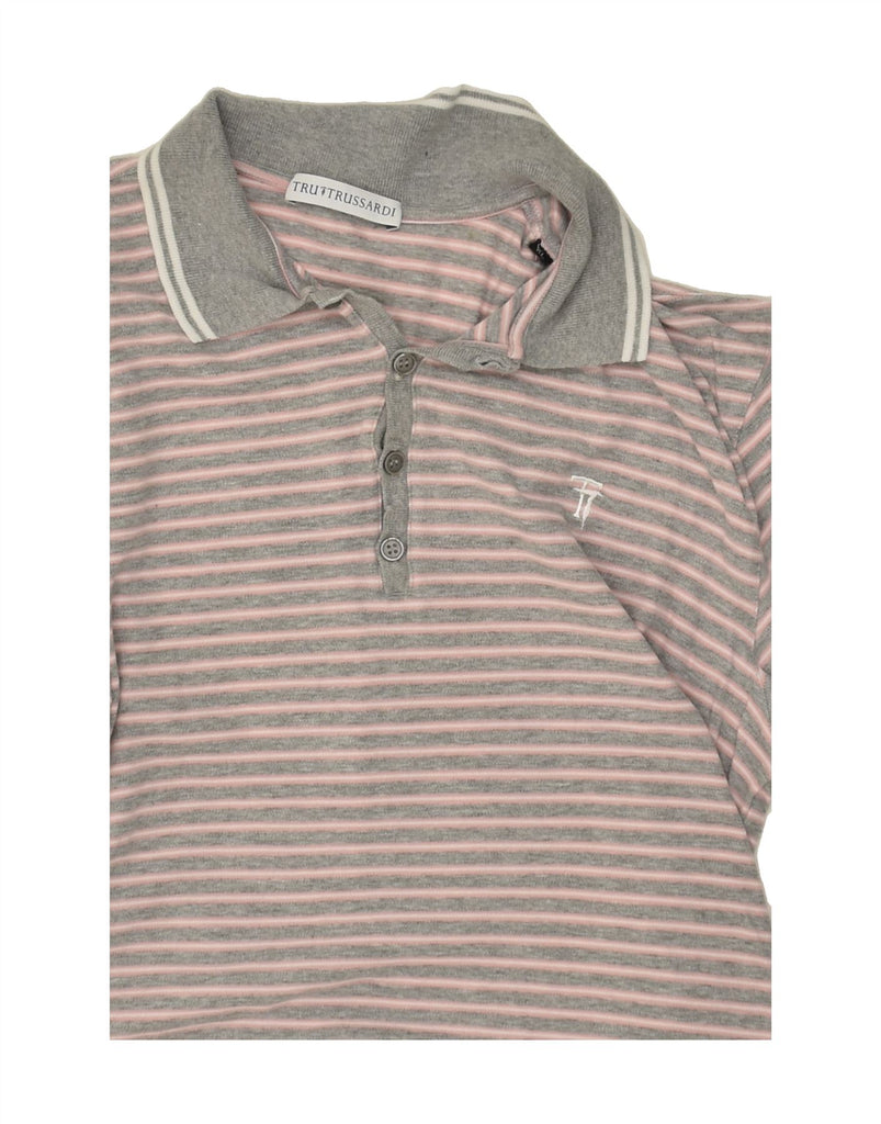 TRUSSARDI Womens Polo Shirt UK 18 XL Grey Striped Vintage Trussardi and Second-Hand Trussardi from Messina Hembry 