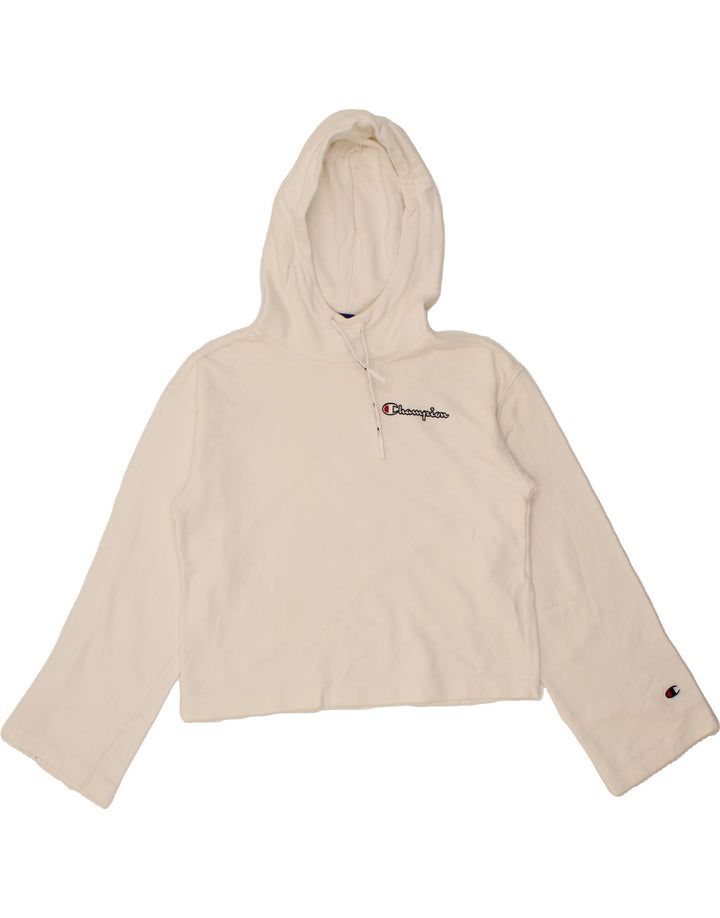 CHAMPION Womens Graphic Crop Hoodie Jumper UK 14 Medium White Vintage Champion and Second-Hand Champion from Messina Hembry 