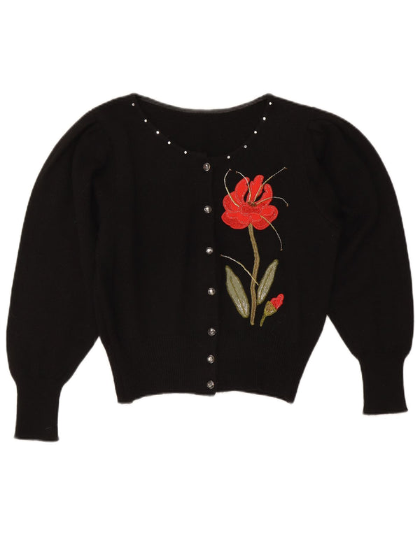Vintage Womens Crop Cardigan Sweater UK 14 Medium Black Floral