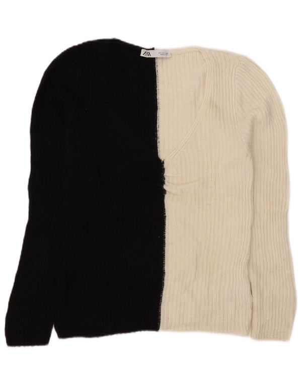 Zara Womens V-Neck Jumper Sweater UK 14 Large Black Colourblock Acrylic