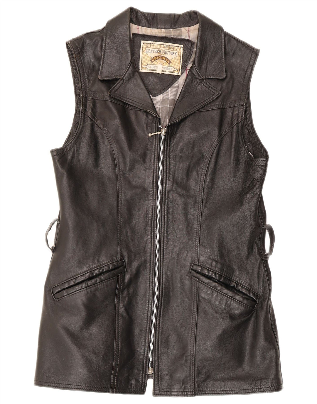 Vintage Womens Leather Gilet UK 14 Large Black Leather