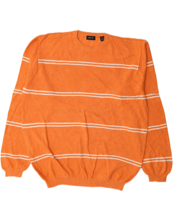 IZOD Mens Crew Neck Jumper Sweater Large Orange Striped Cotton