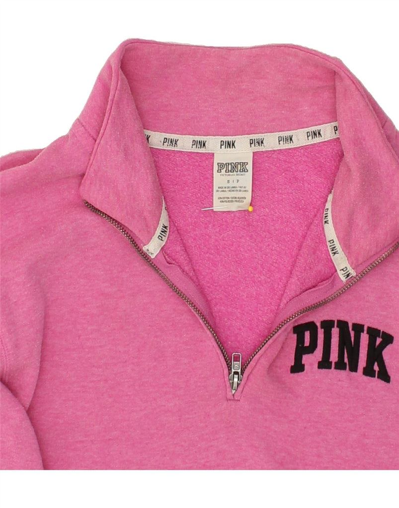 PINK Womens Loose Fit Zip Neck Sweatshirt Jumper UK 10 Small Pink Cotton | Vintage Pink | Thrift | Second-Hand Pink | Used Clothing | Messina Hembry 