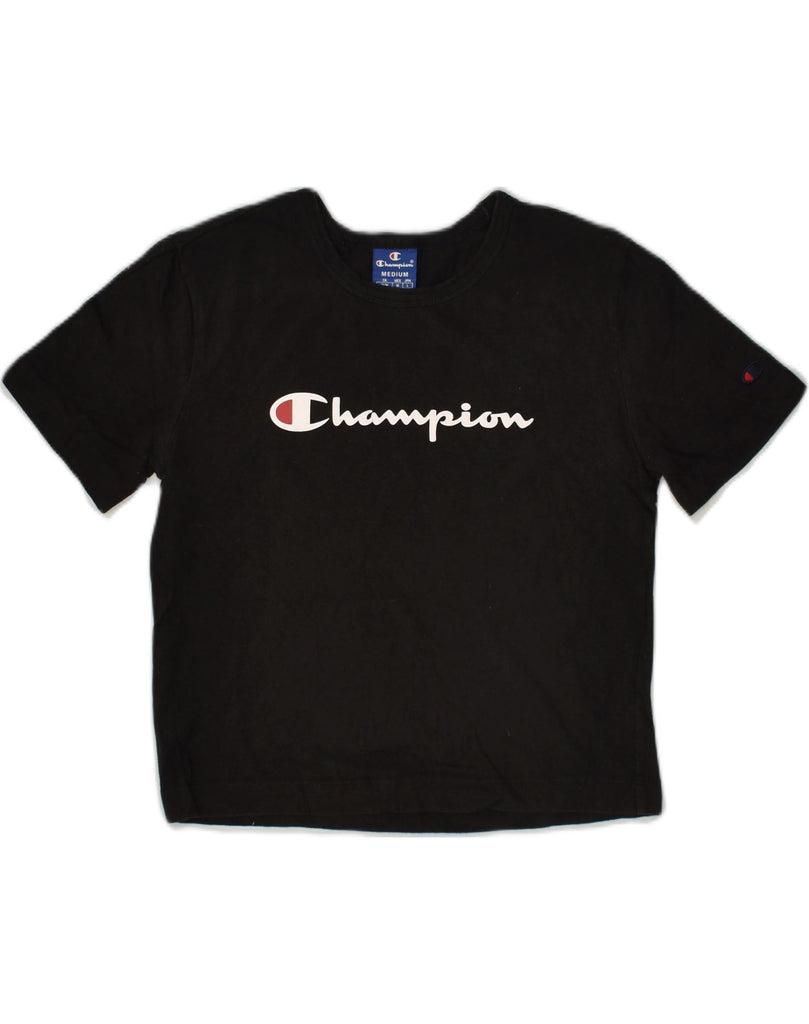 CHAMPION Womens Crop Graphic T-Shirt Top UK 12 Medium Black Cotton | Vintage Champion | Thrift | Second-Hand Champion | Used Clothing | Messina Hembry 