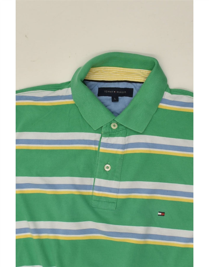 TOMMY HILFIGER Mens Polo Shirt Large Green Striped Cotton | Vintage Tommy Hilfiger | Thrift | Second-Hand Tommy Hilfiger | Used Clothing | Messina Hembry 