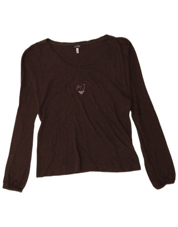 Armani Jeans Womens Graphic Top Long Sleeve UK 16 Large Brown Cotton