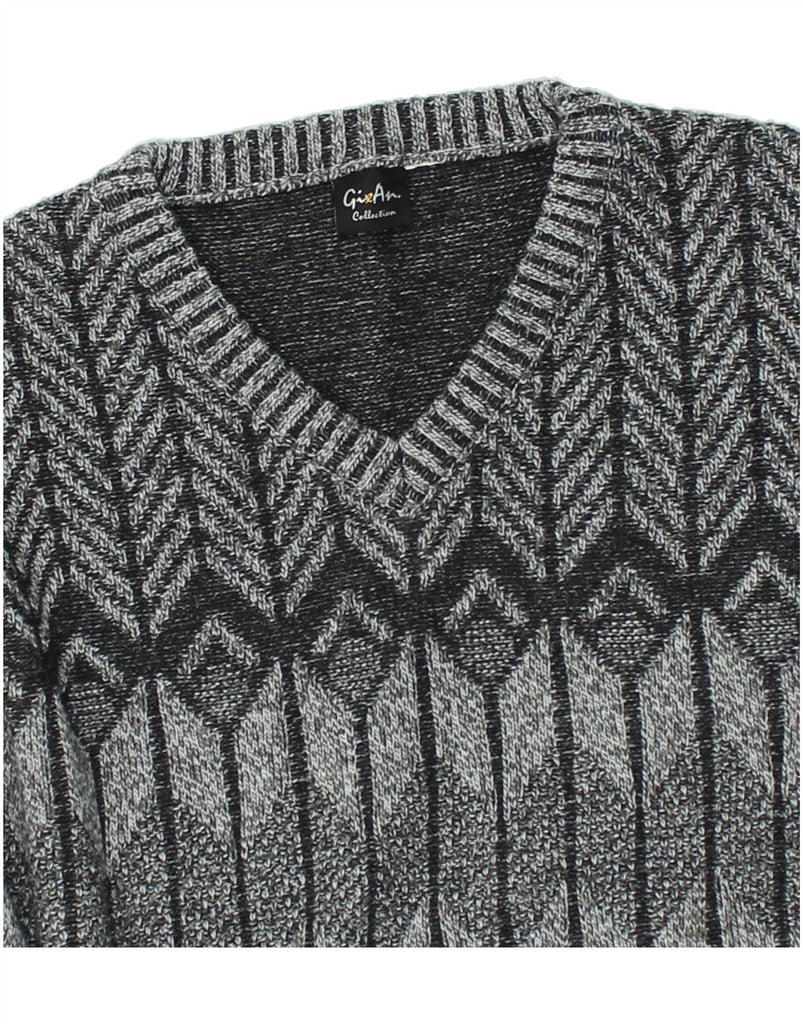 VINTAGE Womens V-Neck Jumper Sweater UK 16 Large Grey Geometric | Vintage Vintage | Thrift | Second-Hand Vintage | Used Clothing | Messina Hembry 