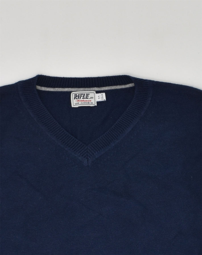 RIFLE Boys Sleeveless V-Neck Jumper Sweater 7-8 Years Navy Blue Cotton | Vintage Rifle | Thrift | Second-Hand Rifle | Used Clothing | Messina Hembry 