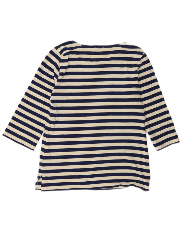 Benetton Womens Top 3/4 Sleeve UK 10 Small Navy Blue Striped Cotton