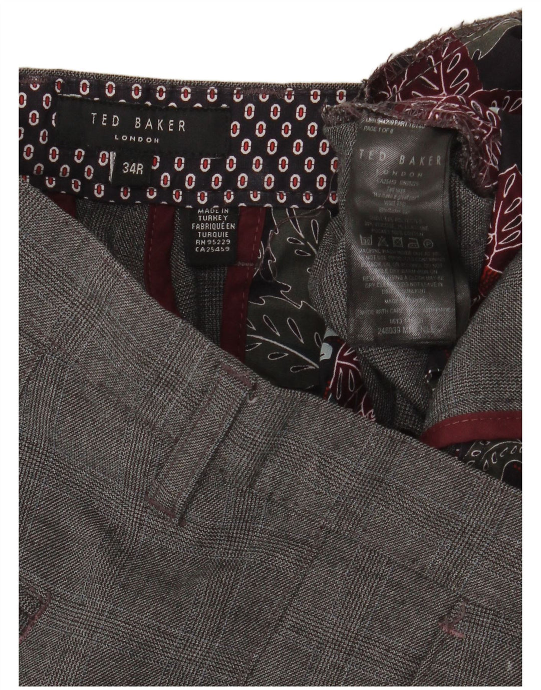 TED BAKER Mens Slim Suit Trousers W34 L32 Grey Check Polyester