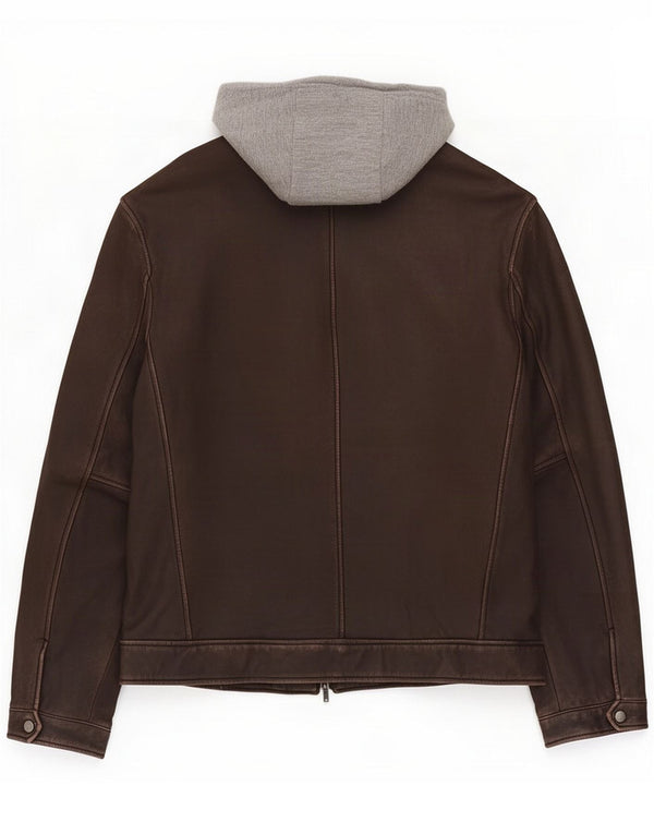 Conbipel Mens Hooded Leather Jacket IT 52 Large Brown