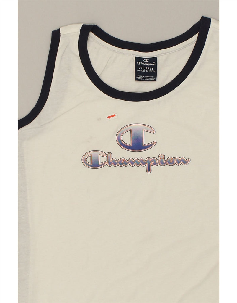 CHAMPION Boys Graphic Vest Top 15-16 Years 2XL  White Colourblock Cotton | Vintage Champion | Thrift | Second-Hand Champion | Used Clothing | Messina Hembry 