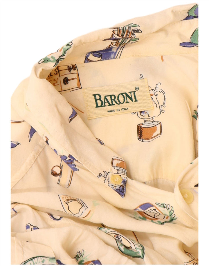 BARONI Mens Graphic Short Sleeve Shirt Large Off White Viscose