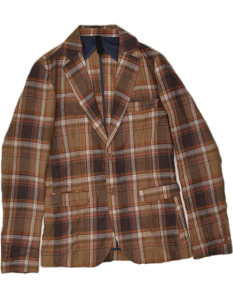 VINTAGE Mens 2 Button Blazer Jacket IT 48 Medium Brown Check Linen | Vintage Vintage | Thrift | Second-Hand Vintage | Used Clothing | Messina Hembry 