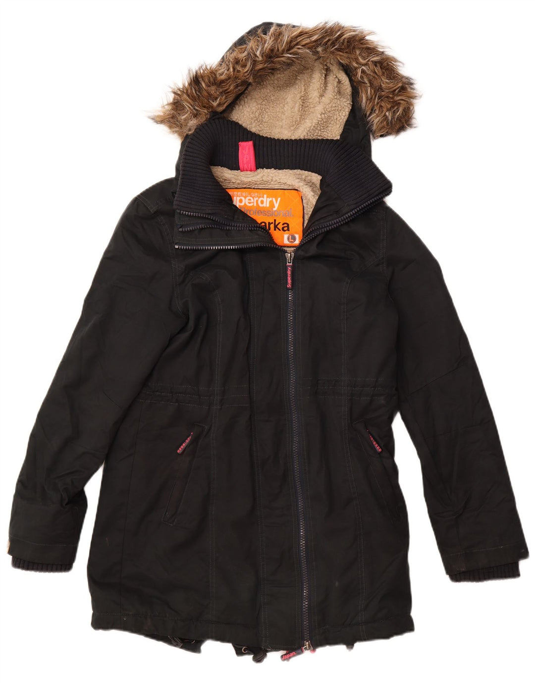 SUPERDRY Womens Windparka Graphic Hooded Parka Jacket UK 14 Large Black
