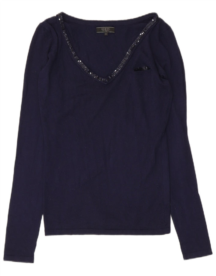 Guess Womens Top Long Sleeve UK 10 Small Navy Blue Viscose