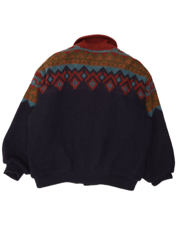 Alafoss Mens Loose Fit Knit Bomber Jacket UK 42 XL Navy Blue Geometric Wool