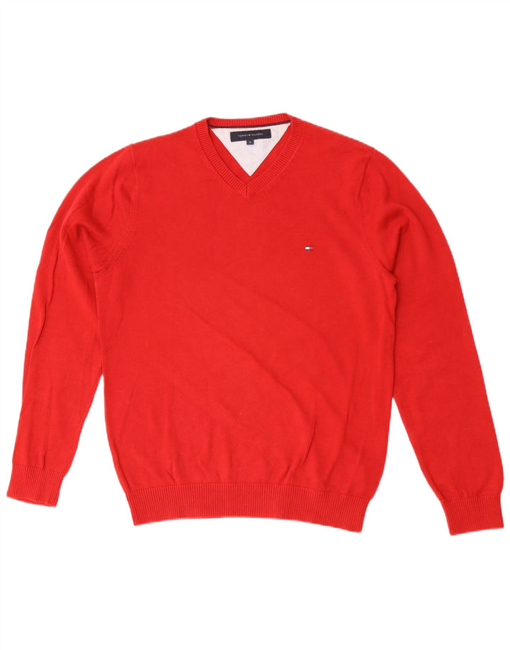 Tommy Hilfiger Mens V-Neck Jumper Sweater Small Red Cotton