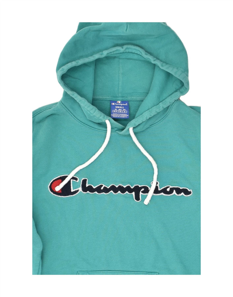 CHAMPION Womens Graphic Hoodie Jumper UK 10 Small Turquoise Cotton | Vintage Champion | Thrift | Second-Hand Champion | Used Clothing | Messina Hembry 