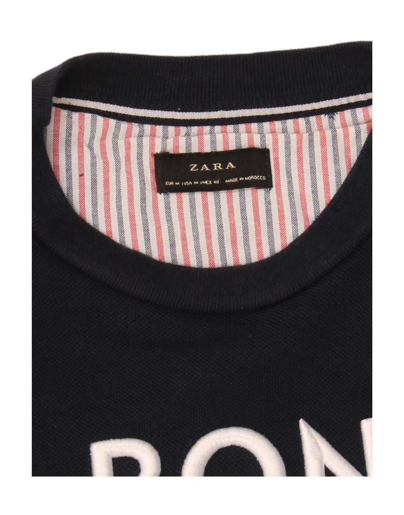 ZARA Mens Graphic Sweatshirt Jumper Medium Navy Blue Vintage Zara and Second-Hand Zara from Messina Hembry 