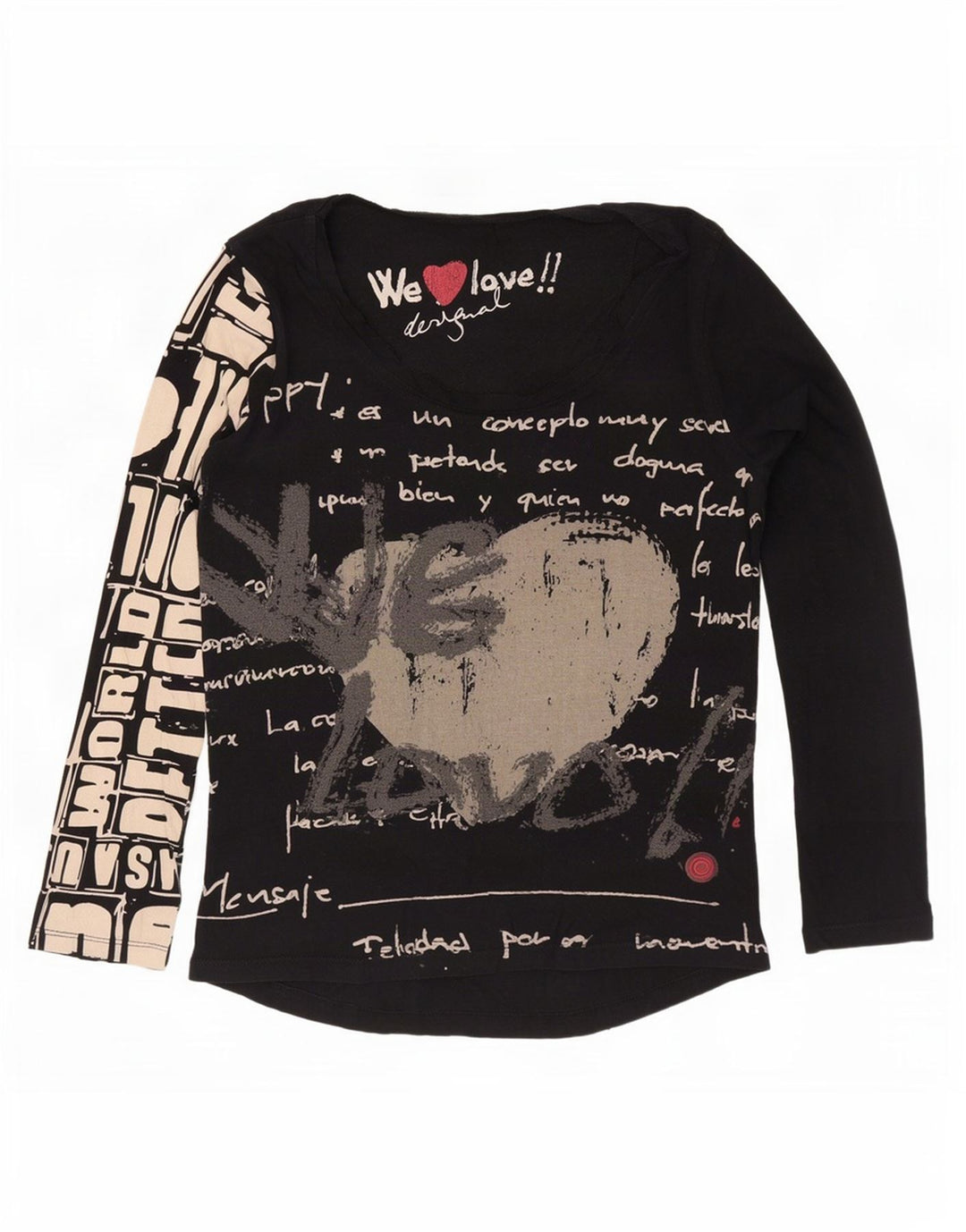 Desigual Womens Graphic Top Long Sleeve UK 12 Medium Black Cotton