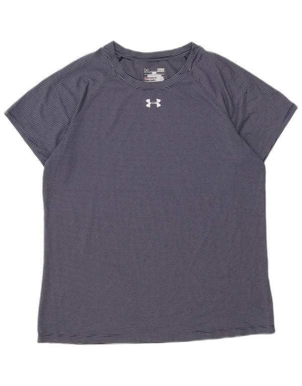 UNDER ARMOUR Womens Heat Gear T-Shirt Top UK 16 Large Navy Blue Pinstripe