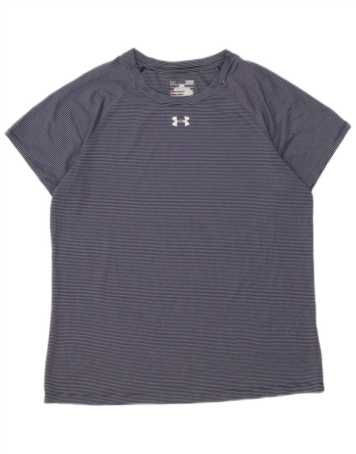 UNDER ARMOUR Womens Heat Gear T-Shirt Top UK 16 Large Navy Blue Pinstripe