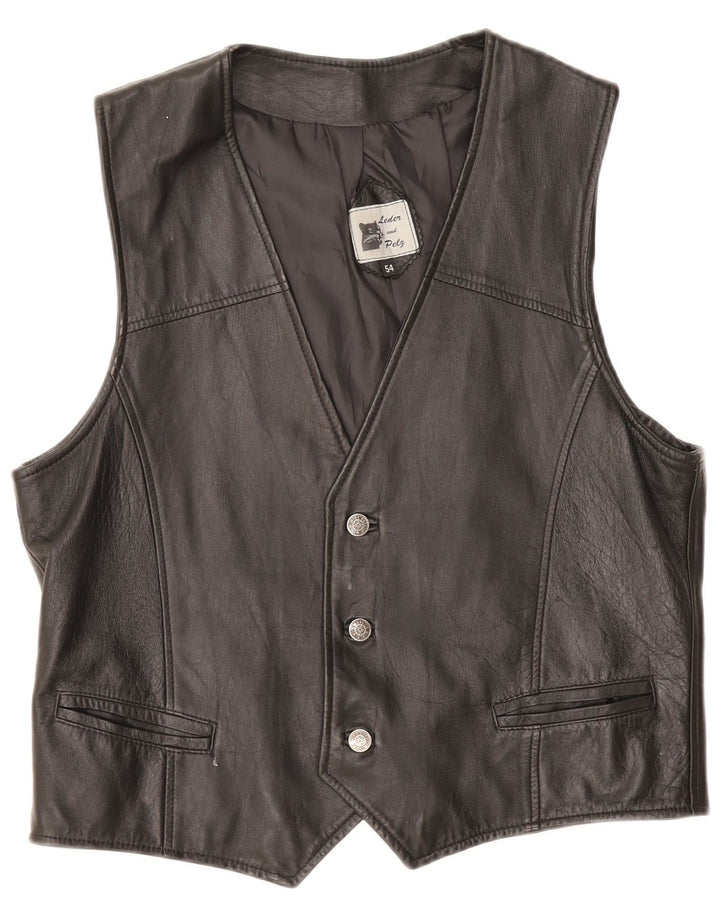 Vintage Womens Leather Waistcoat IT 54 3XL Black