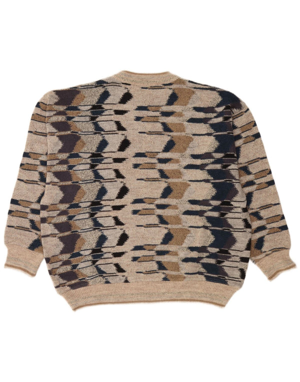 gio ferrari Mens Crew Neck Jumper Sweater XL Beige Geometric Merino Wool