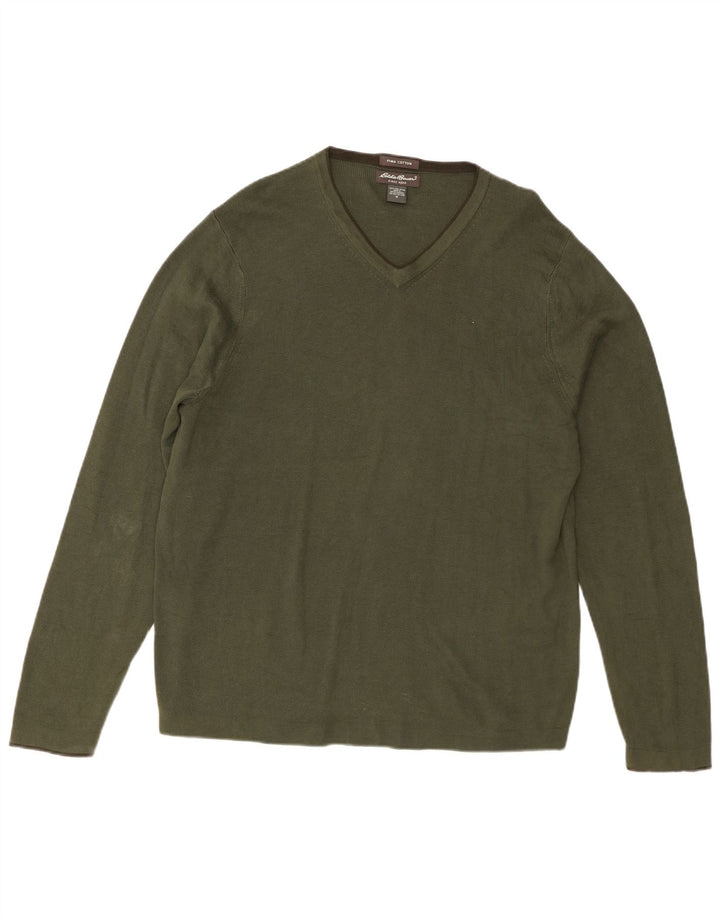 Eddie Bauer Mens V-Neck Jumper Sweater Medium Khaki Cotton