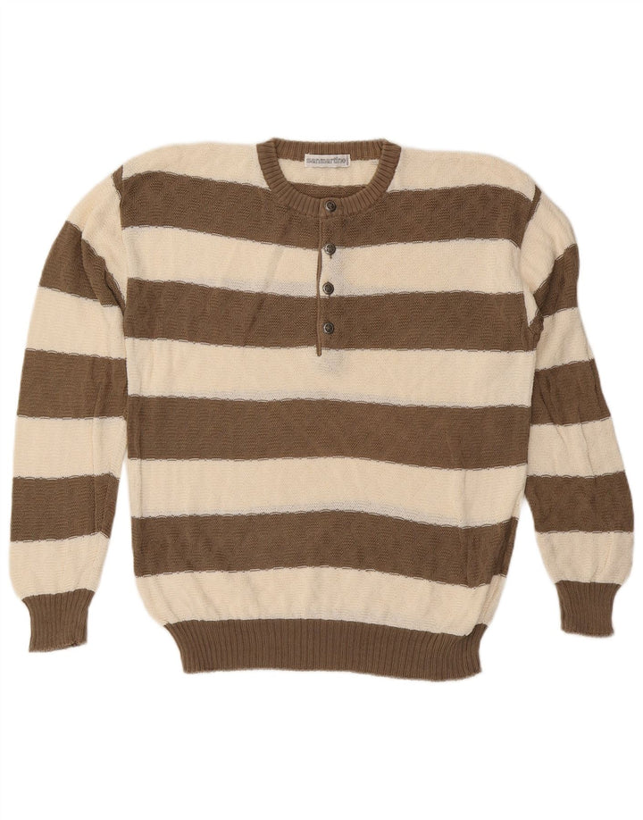 Vintage Womens Button Neck Jumper Sweater IT 50 Medium Brown Striped Cotton