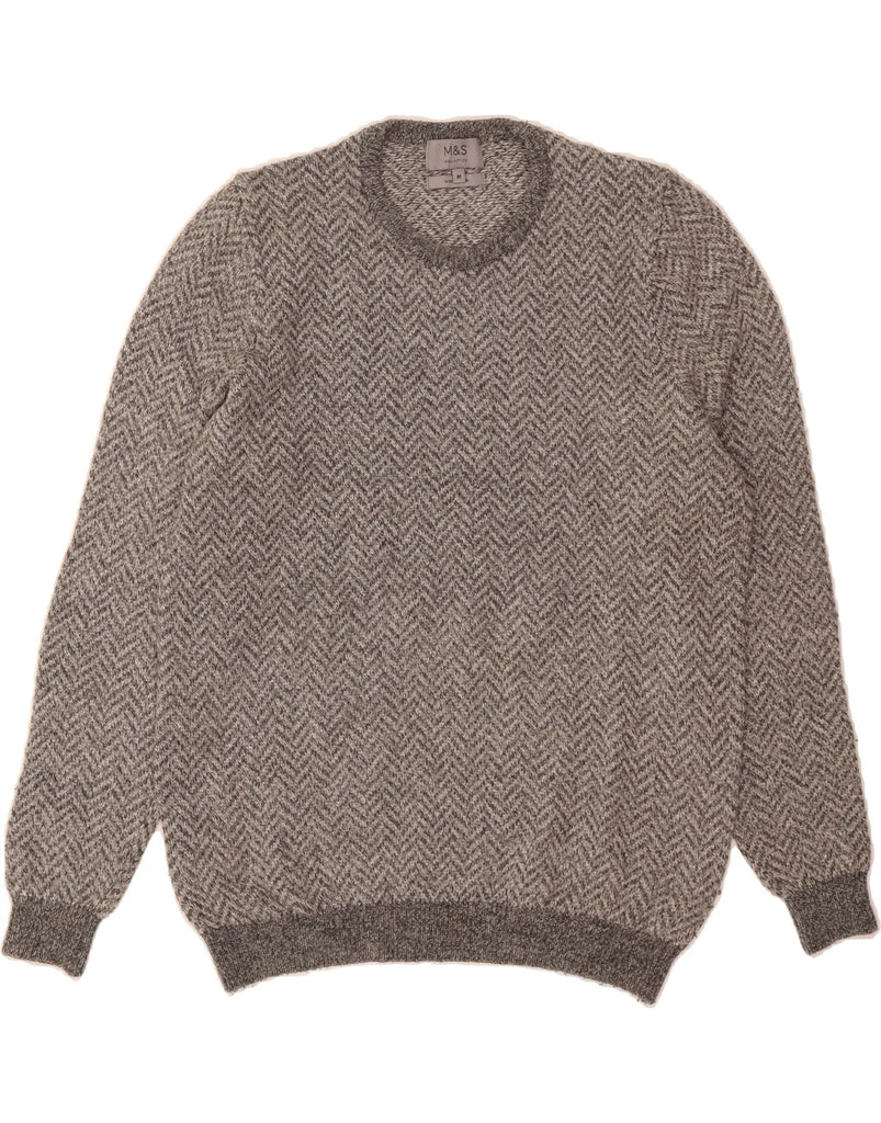 MARKS & SPENCER Mens Crew Neck Jumper Sweater Medium Grey Herringbone Wool Vintage Marks & Spencer and Second-Hand Marks & Spencer from Messina Hembry 