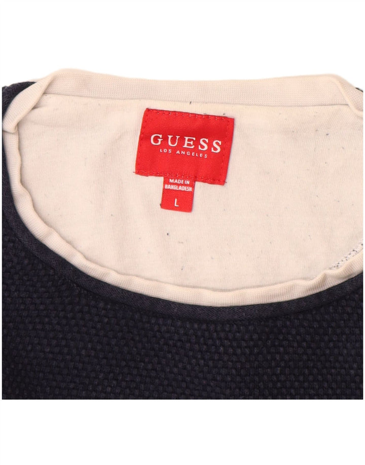 Guess Mens Crew Neck Jumper Sweater Large Navy Blue Cotton