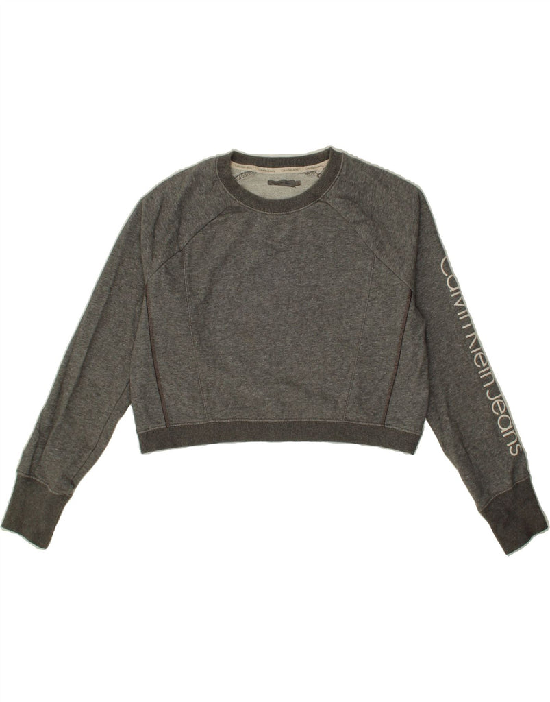 CALVIN KLEIN JEANS Womens Crop Graphic Sweatshirt Jumper UK 16 Large Grey Vintage Calvin Klein Jeans and Second-Hand Calvin Klein Jeans from Messina Hembry 