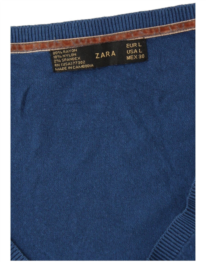 Zara Womens V-Neck Jumper Sweater UK 16 Large Blue Rayon