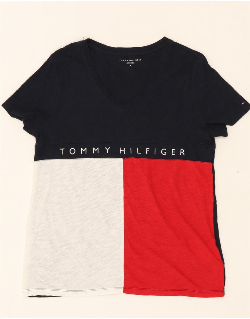 TOMMY HILFIGER Womens Graphic T-Shirt Top UK 14 Medium Black Colourblock Vintage Tommy Hilfiger and Second-Hand Tommy Hilfiger from Messina Hembry 