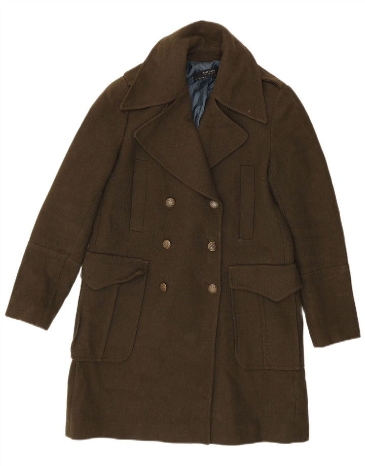 Zara Womens Double Breasted Coat UK 10 Small Khaki