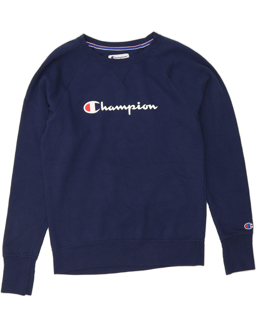 CHAMPION Mens Graphic Sweatshirt Jumper Small Navy Blue Polyester Vintage Champion and Second-Hand Champion from Messina Hembry 